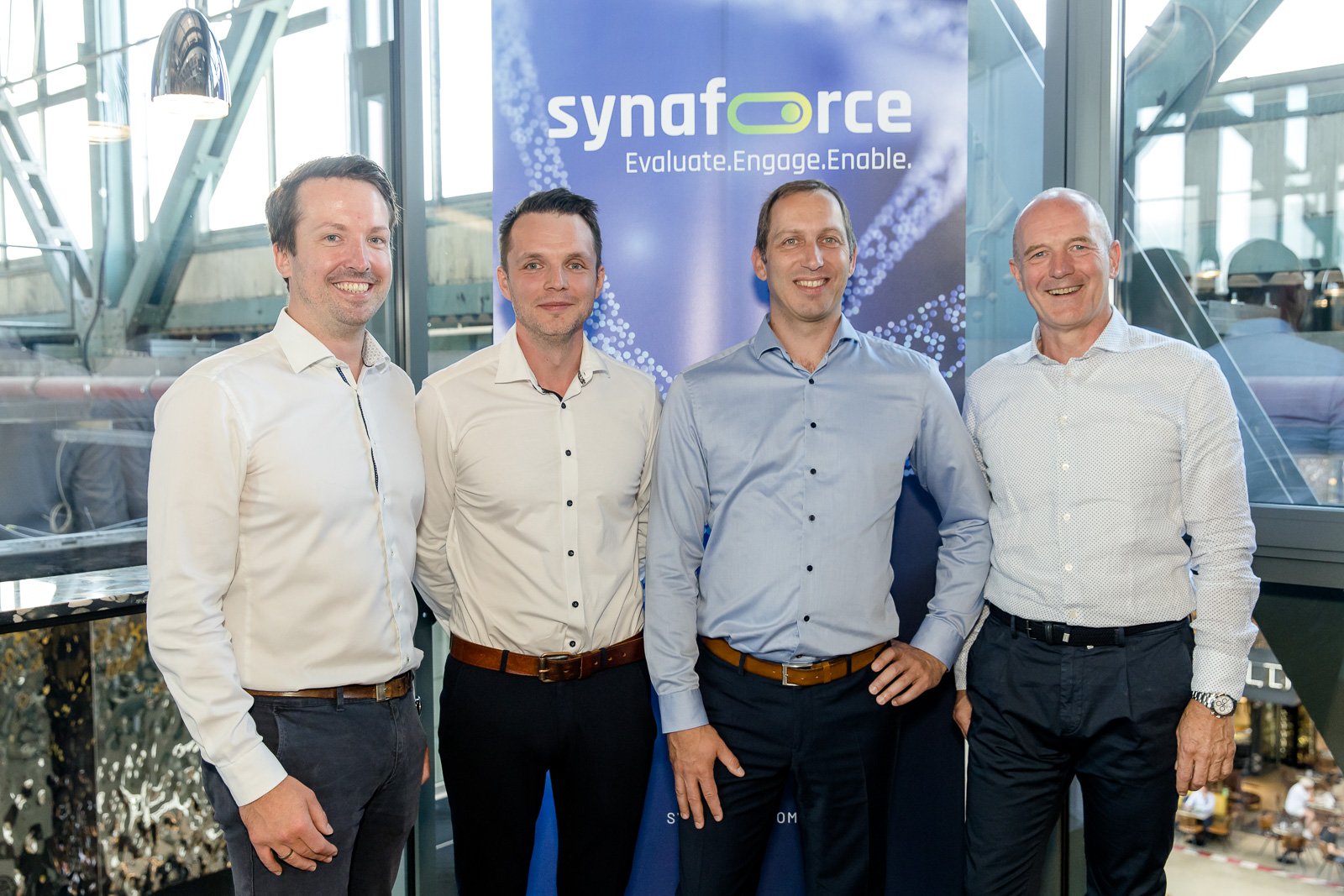 Die Geschäftsführung der synaforce v.l.n.r.: Hannes Beierlein (CMO), Tobias Lehner (CTO), Andreas Braidt (COO/Co-CEO) und Peter Hartl (CEO)